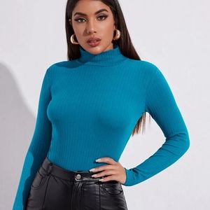 Shein electric blue rib knit mock turtleneck long sleeve tee